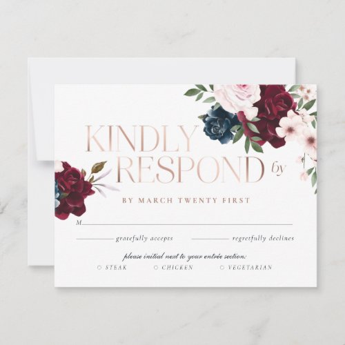 Elegant Navy Burgundy Floral Watercolor Rose Gold RSVP Card