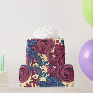 Elegant Navy Burgundy Floral Watercolor Wrapping Paper