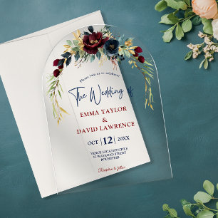 Elegant Navy burgundy floral wedding arch Acrylic Invitations