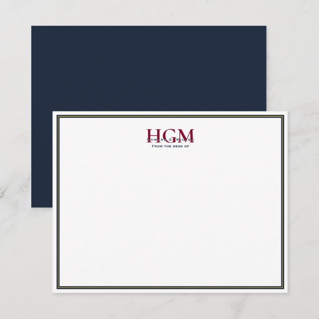 Elegant Navy Burgundy Gold 3 Letter Monogram Note Card (Front/Back)
