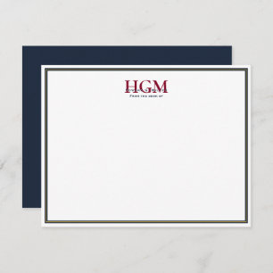 Elegant Navy Burgundy Gold 3 Letter Monogram Note Card