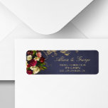 Elegant navy burgundy gold floral chic wedding label<br><div class="desc">Classy gold calligraphy return address wedding rsvp label with beautiful ivory cream and red burgundy flowers with foliage over a dark navy background.                Suitable for autumn fall or winter Christmas elegant classy rustic vintage inspired weddings.</div>