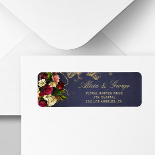 Elegant navy burgundy gold floral chic wedding label