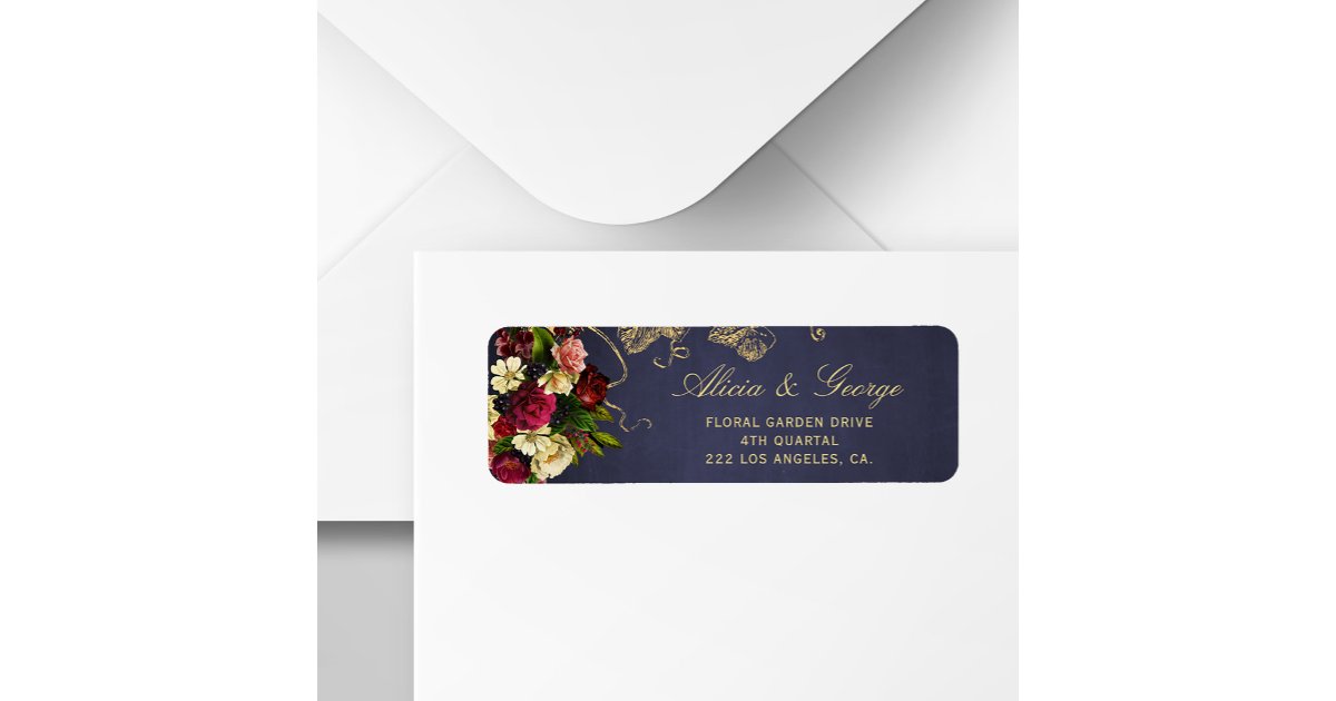 Elegant navy burgundy gold floral chic wedding label | Zazzle