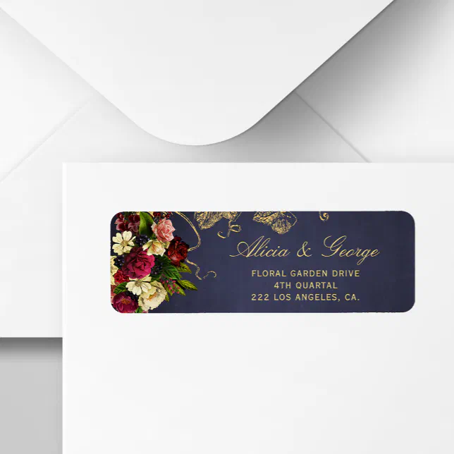 Elegant navy burgundy gold floral chic wedding label | Zazzle