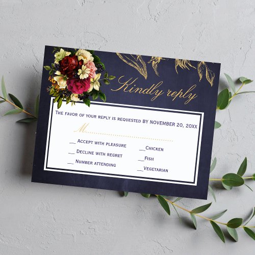 Elegant navy burgundy gold script floral wedding RSVP card