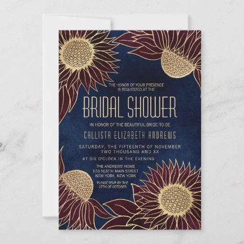 Elegant Navy Burgundy Gold Sunflower Bridal Shower Invitation