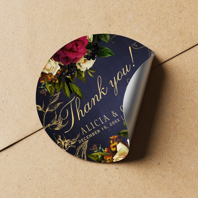 Elegant navy burgundy gold wedding thank you classic round sticker (Creator Uploaded)