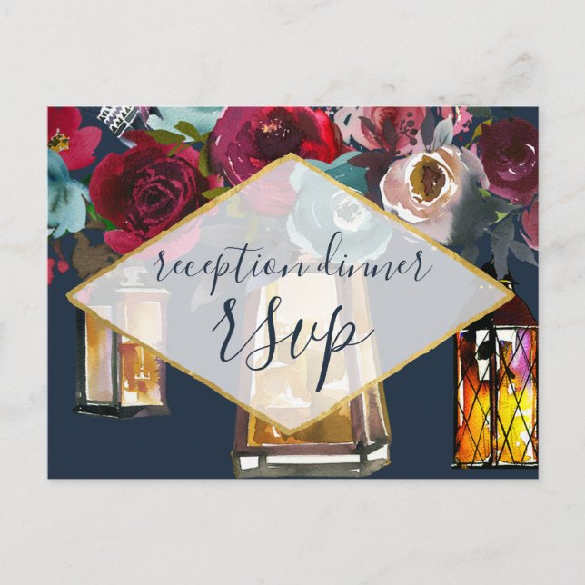 Elegant Navy Burgundy Lanterns Reception RSVP Invitation Postcard (Front)