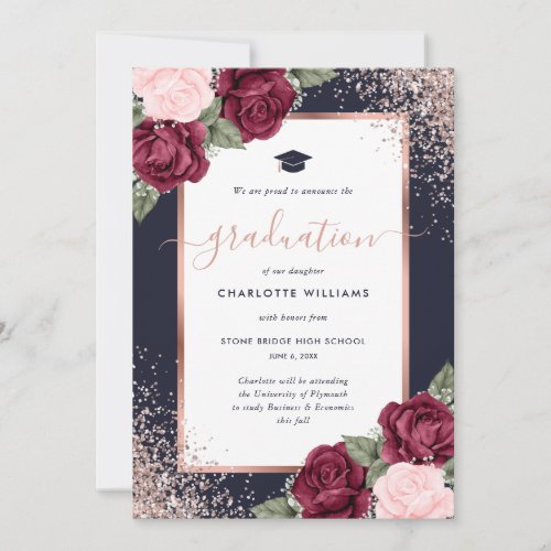 Elegant Navy Burgundy Rose Gold Floral Graduation Announcement