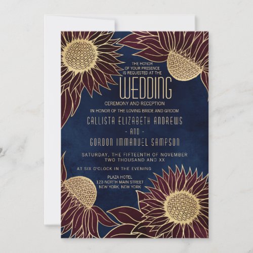 Elegant Navy Burgundy Sunflower Watercolor Wedding Invitation