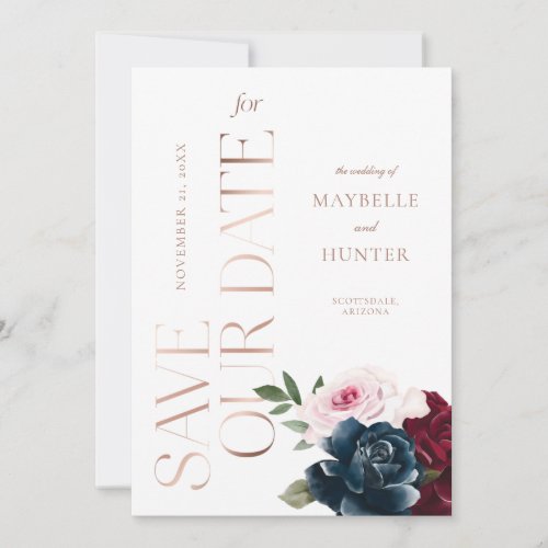 Elegant Navy Burgundy Watercolor Floral Rose Gold Save The Date