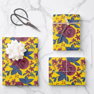 Elegant Navy Burgundy Yellow Floral Watercolor Wrapping Paper Sheets