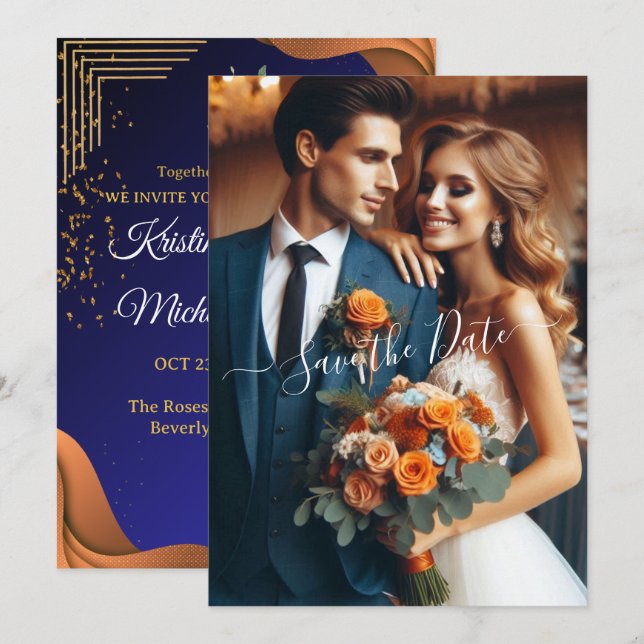 Elegant Navy & Burnt Orange | Photo Save the Date Invitation (Front/Back)
