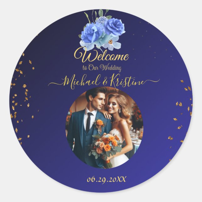Elegant Navy & Burnt Orange | Photo Welcome Classic Round Sticker (Front)