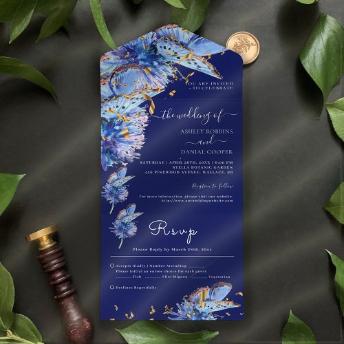 Elegant Navy Butterflies Wedding All In One Invitation