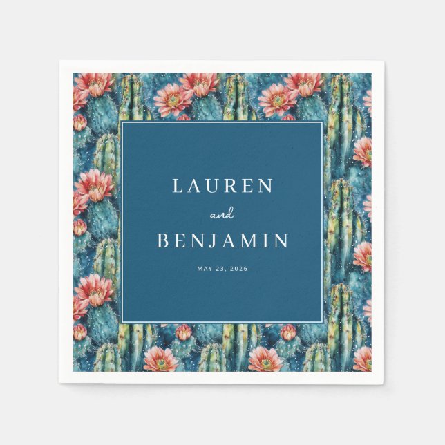 Elegant Navy Cactus Floral Napkins (Front)