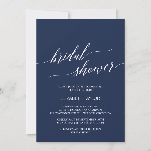 Elegant Navy Calligraphy Bridal Shower Invitation (Front)