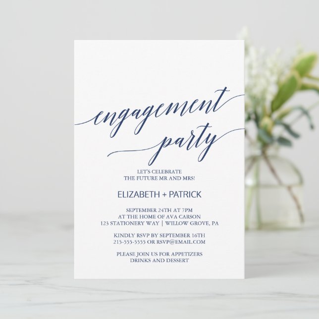 Elegant Navy Calligraphy Engagement Party Invitation (Standing Front)
