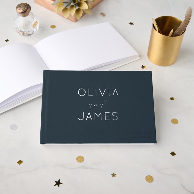 Elegant Navy Calligraphy Foil Guest Book (Front Open)