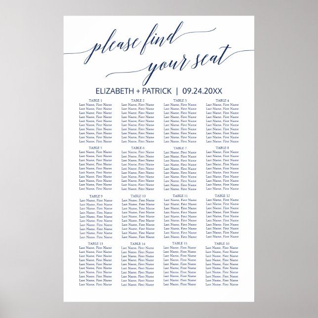 Elegant Navy Calligraphy Seating Chart (Front)
