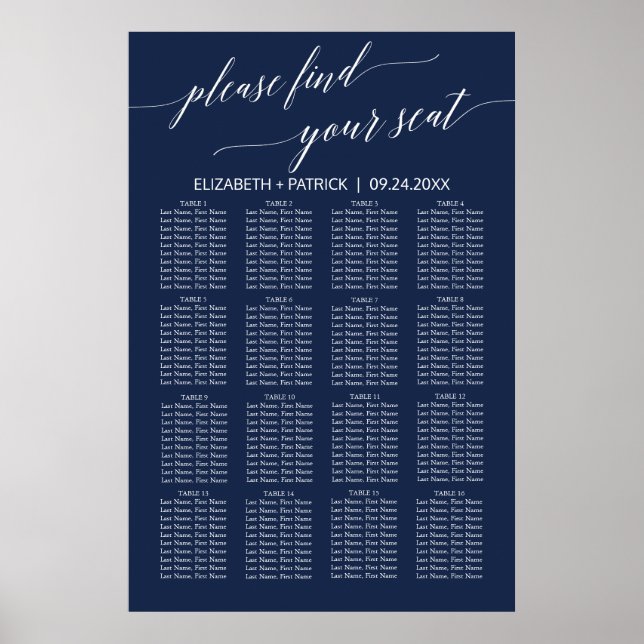Elegant Navy Calligraphy Seating Chart (Front)