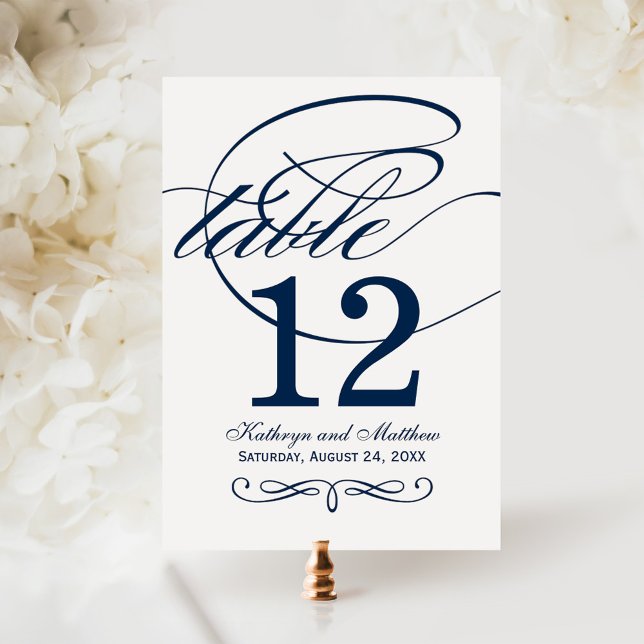 Elegant Navy Calligraphy Table Number Card (Creator Uploaded)