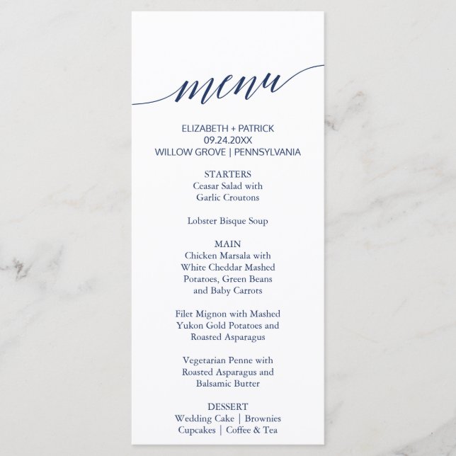 Elegant Navy Calligraphy Wedding Dinner Menu Card (Front)