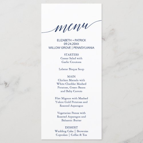 Elegant Navy Calligraphy Wedding Dinner Menu Card