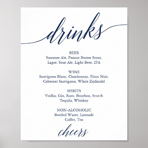 Elegant Navy Calligraphy Wedding Drinks Menu Sign