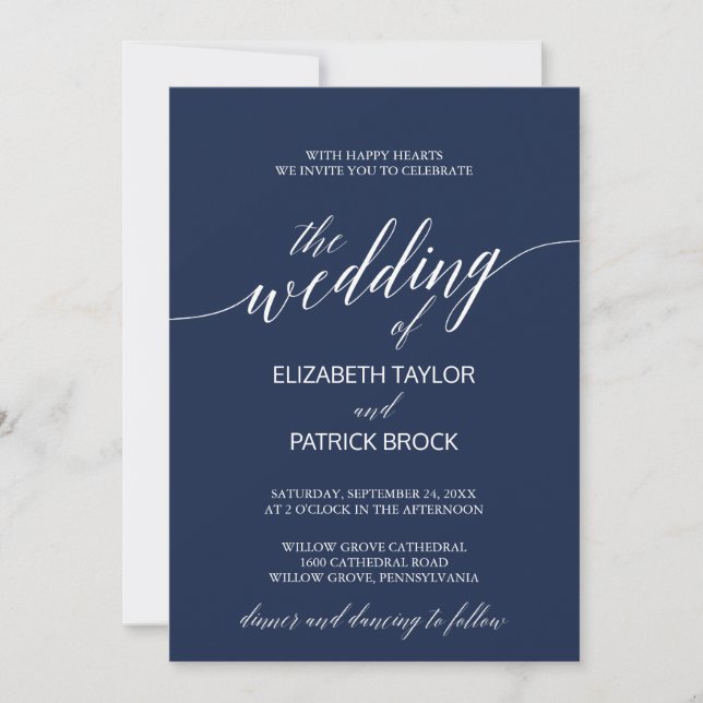 Elegant Navy Calligraphy Wedding Invitation (Front)