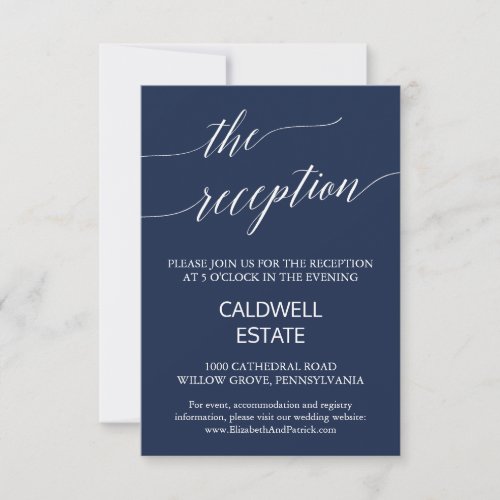 Elegant Navy Calligraphy Wedding Reception Card