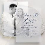 Elegant Navy Calligraphy Wedding Save the Dates Vellum Invitations<br><div class="desc">Set the tone for your wedding with our elegant vellum save the date cards. This design features "Save the Date" in sophisticated navy calligraphy on a sheer vellum background, combining timeless beauty with a modern touch. Couples can personalize the card with their names, wedding date, location, and wedding website in...</div>