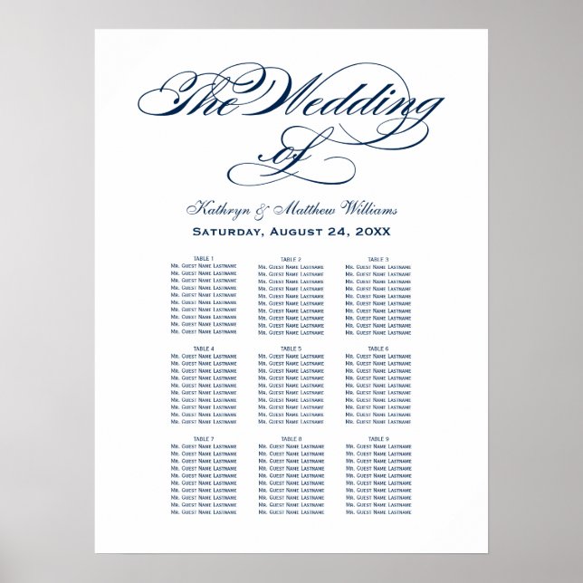 Elegant Navy Calligraphy Wedding Seating Chart (Front)