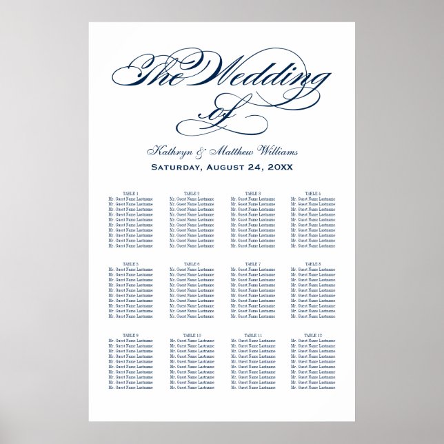 Elegant Navy Calligraphy Wedding Seating Chart (Front)
