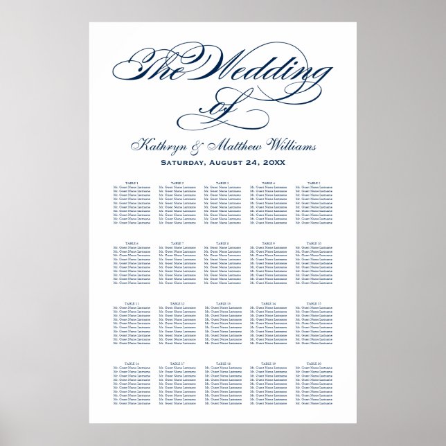 Elegant Navy Calligraphy Wedding Seating Chart (Front)