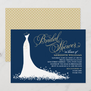 Elegant Navy Champagne Wedding Gown Bridal Shower Invitation