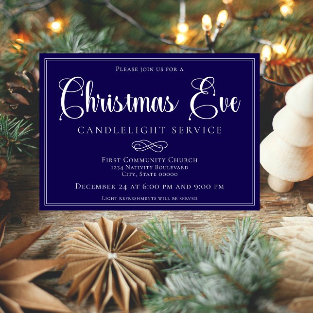 Elegant Navy Christmas Eve Candlelight Service Invitation (Creator Uploaded)
