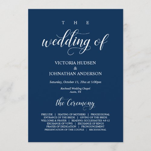 Elegant Navy Classy Script Wedding Ceremony Progr Program