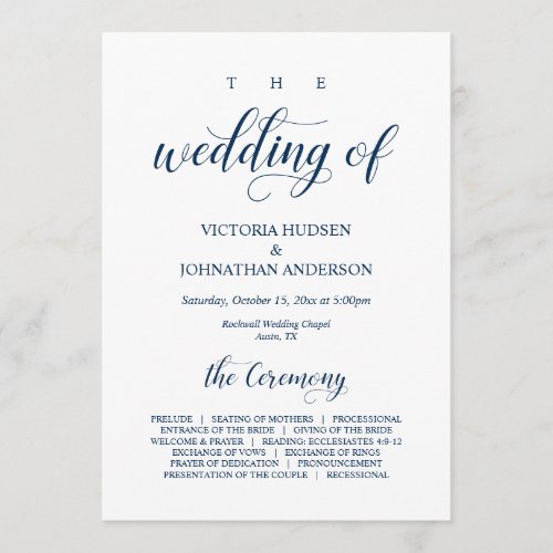 Elegant Navy Classy Script Wedding Ceremony Program