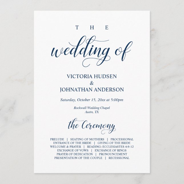 Elegant Navy Classy Script, Wedding Ceremony Program (Front)