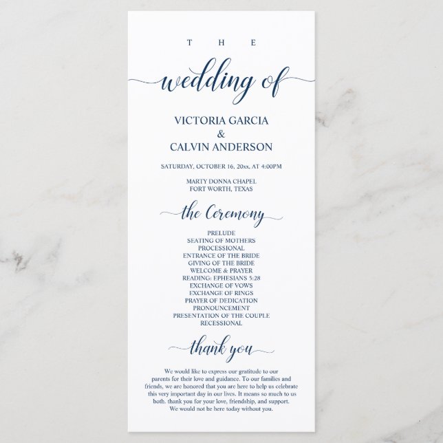 Elegant Navy Classy Script, Wedding Ceremony Program (Front)