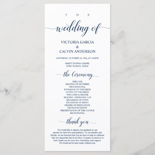 Elegant Navy Classy Script Wedding Ceremony Program