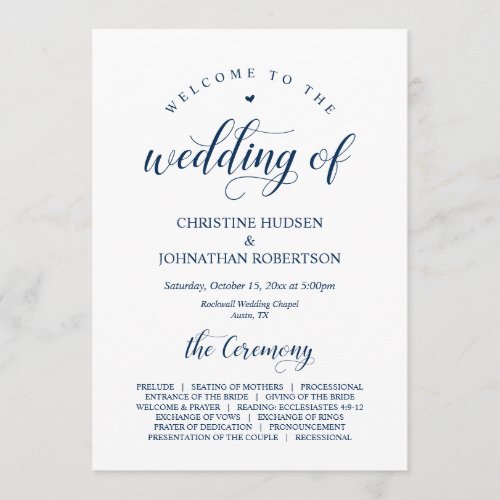 Elegant Navy Classy Script Wedding Ceremony Program