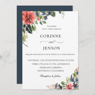 Elegant Navy Coral Botanical Wedding Invitation