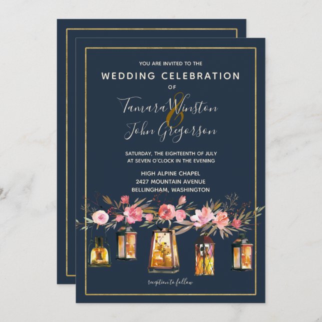 Elegant Navy Coral Floral Gold Lights Wedding Invitation (Front/Back)
