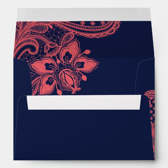 Elegant Navy & Coral Lace Wedding Envelope (Back (Bottom))