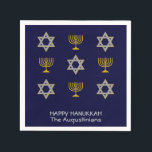 Elegant Navy Custom Hanukkah Paper Napkins<br><div class="desc">Elegant HAPPY HANUKKAH paper napkins showing faux gold and silver STAR OF DAVID and MENORAH in a tiled pattern against a rich NAVY BLUE background. Text reads HAPPY HANUKKAH with a placeholder name, and is CUSTOMIZABLE, so you can PERSONALIZE it by adding your name or other text. Ideal for Hanukkah...</div>