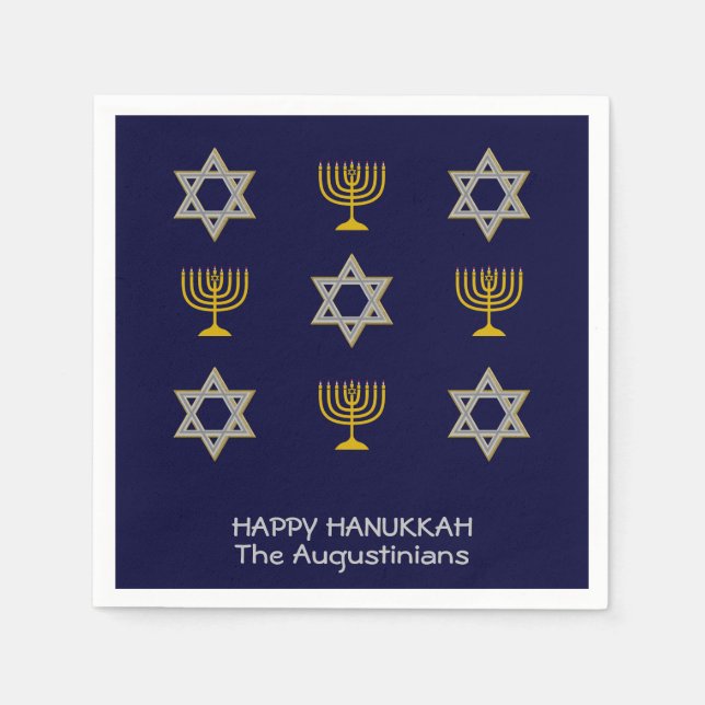 Elegant Navy Custom Hanukkah Paper Napkins (Front)