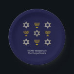 Elegant Navy Custom Hanukkah  Paper Plates<br><div class="desc">Elegant HAPPY HANUKKAH paper plates showing faux gold and silver STAR OF DAVID and MENORAH in a tiled pattern against a rich NAVY BLUE background. Text reads HAPPY HANUKKAH with a placeholder name, and is CUSTOMIZABLE, so you can PERSONALIZE it by adding your name or other text. Ideal for Hanukkah...</div>